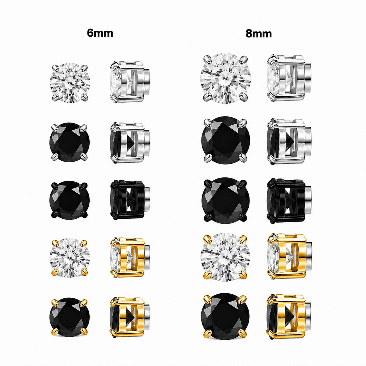 Aretes Zeus imantados de acero 316L en 6 y 8 mm, vistos de frente y de perfil en acabados plateado, negro y dorado