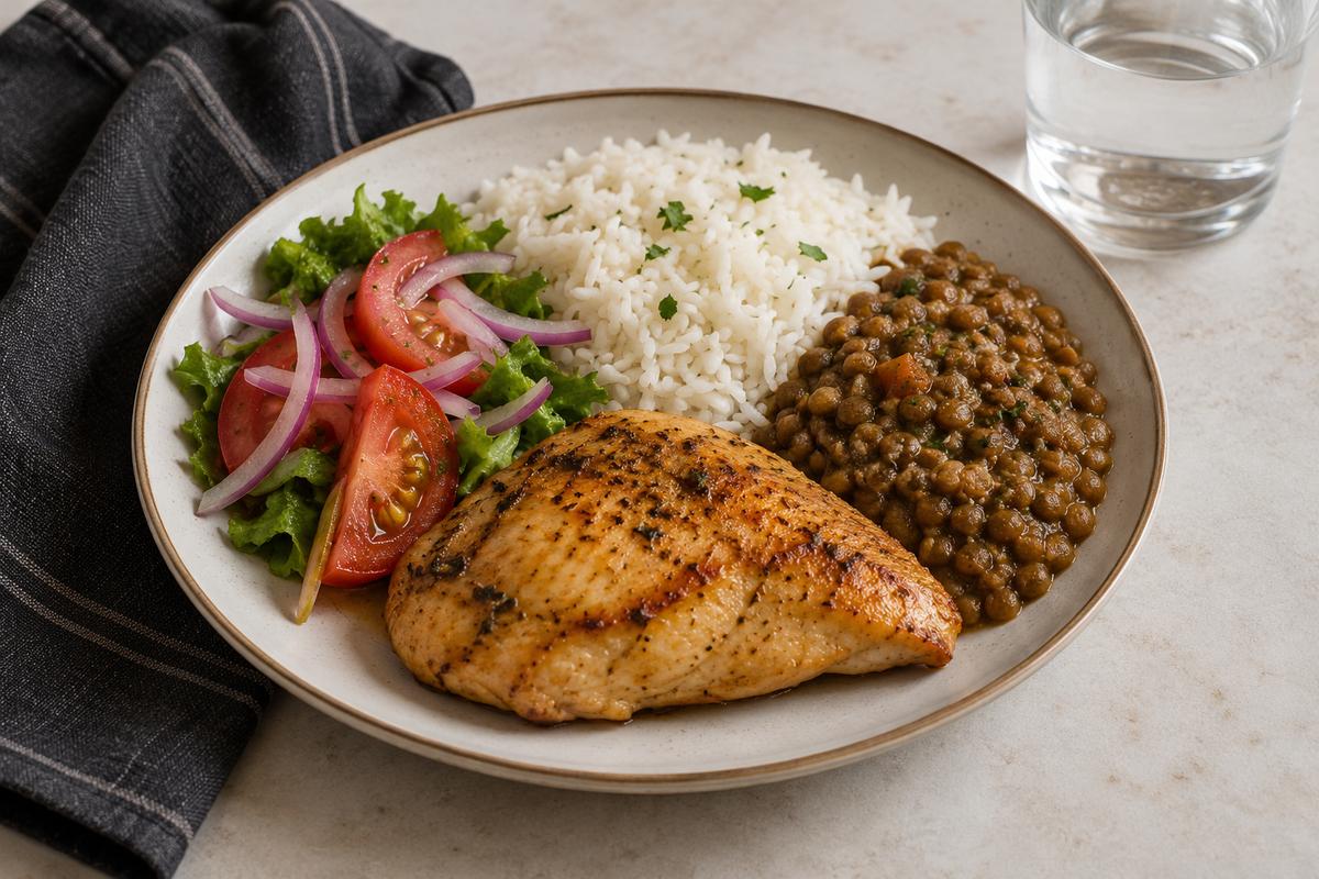 Comida con pollo cocido, arroz, lentejas, ensalada y agua