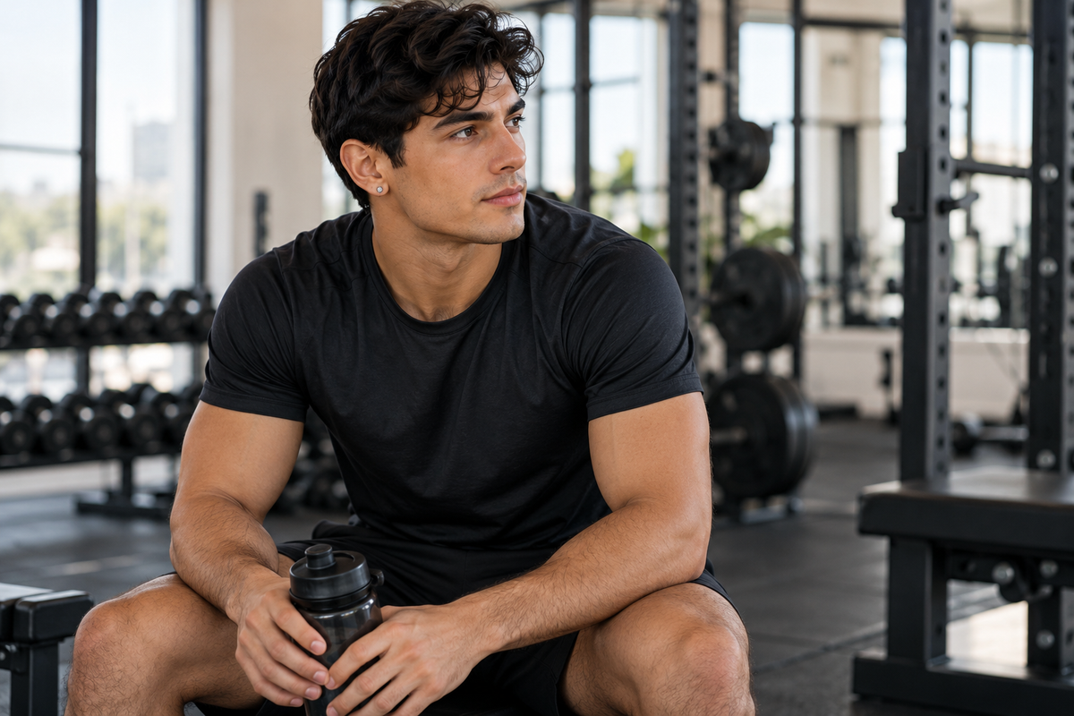 Hombre con un piercing pequeño descansando en el gimnasio
