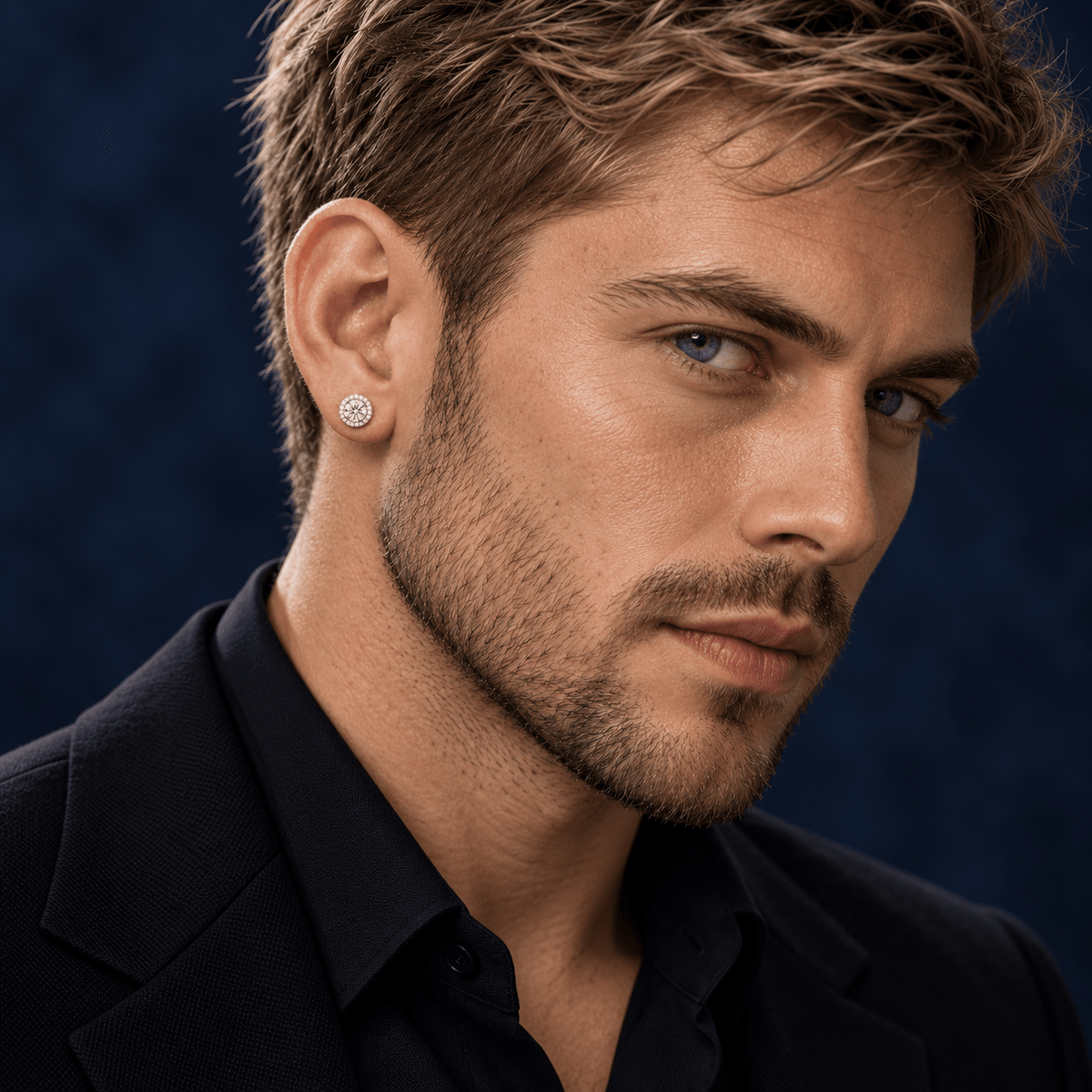 Arete Astra 7.5 mm de plata 925 con moissanita, en oreja de modelo.