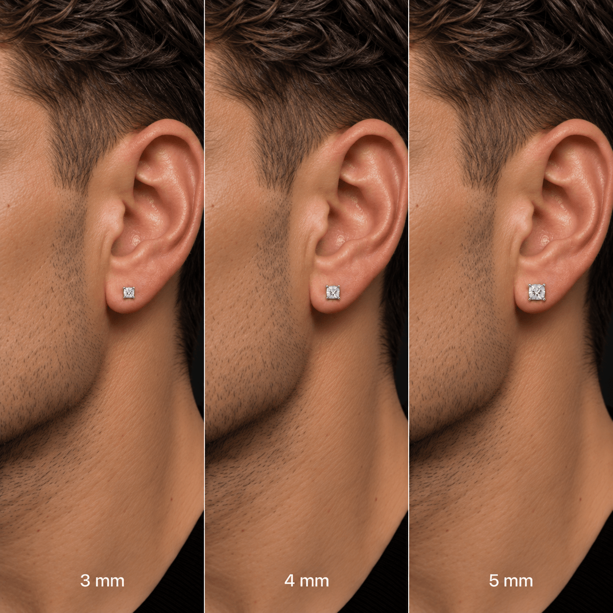 Comparativa de Arete Stellium en tamaños 3, 4 y 5 mm, colocados en la oreja de un modelo.
