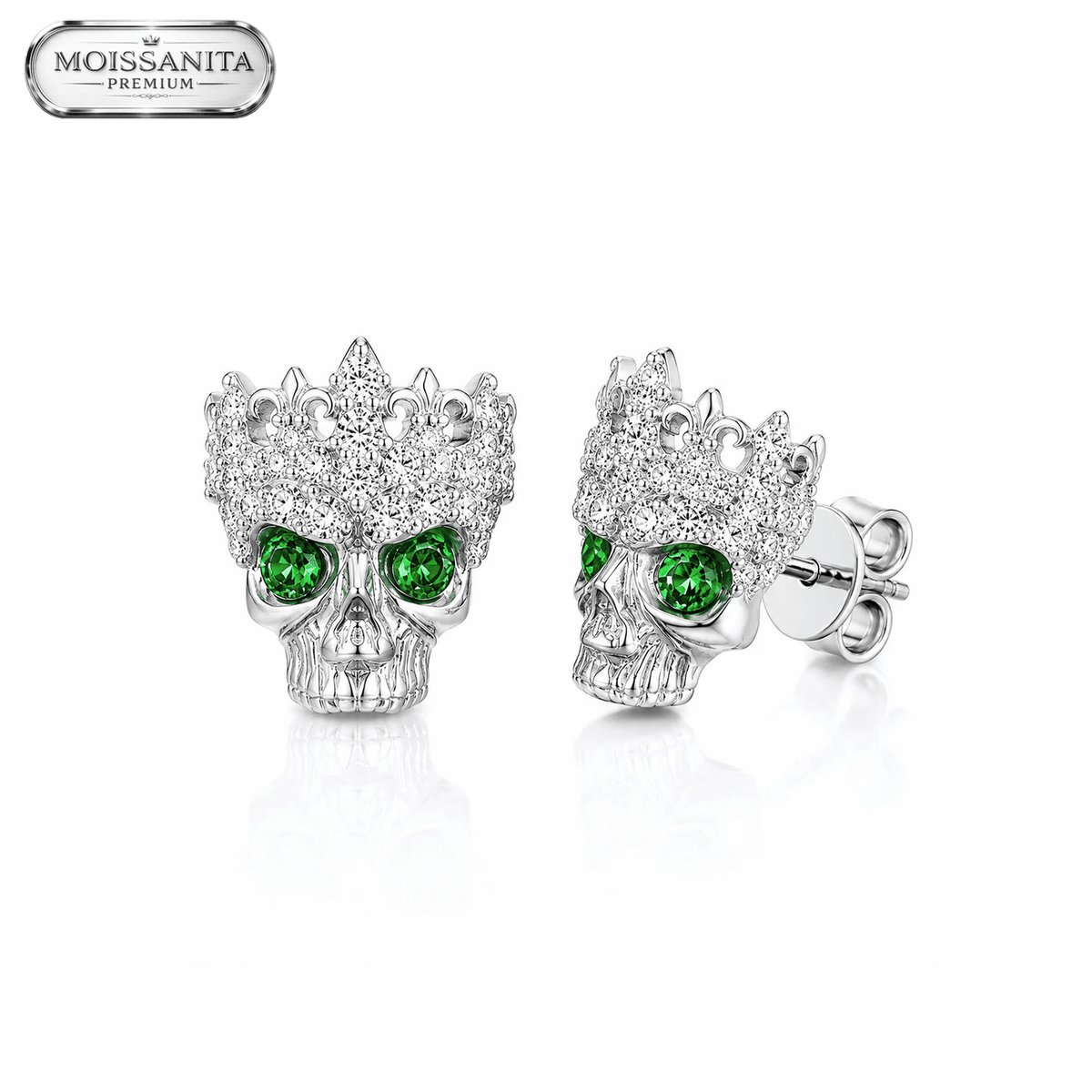 Arete Skull Green 9mm – Plata 925 con Moissanita | Lion Luxury