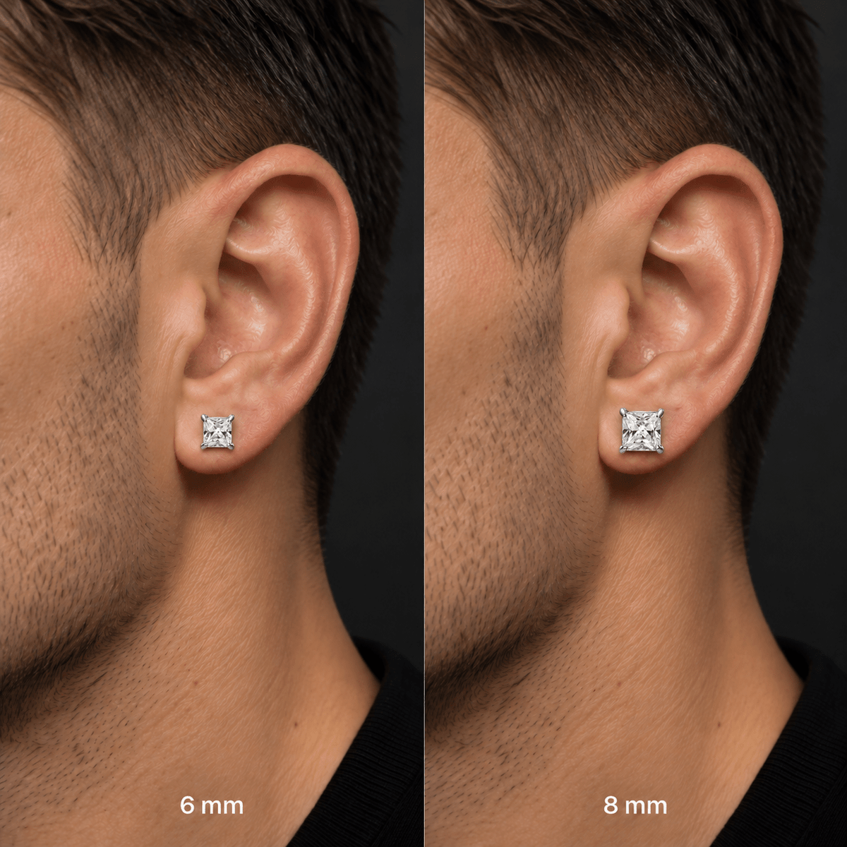 Comparativa de Arete Draco Imantado en tamaños 6 y 8 mm, colocados en la oreja de un modelo.