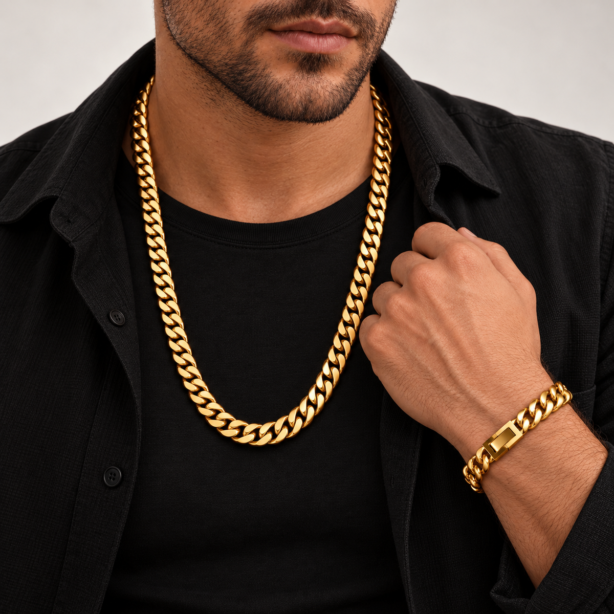 Combo cadena + pulsera Miami Cuban Gold 10mm – Acero 316L dorado en modelo masculino