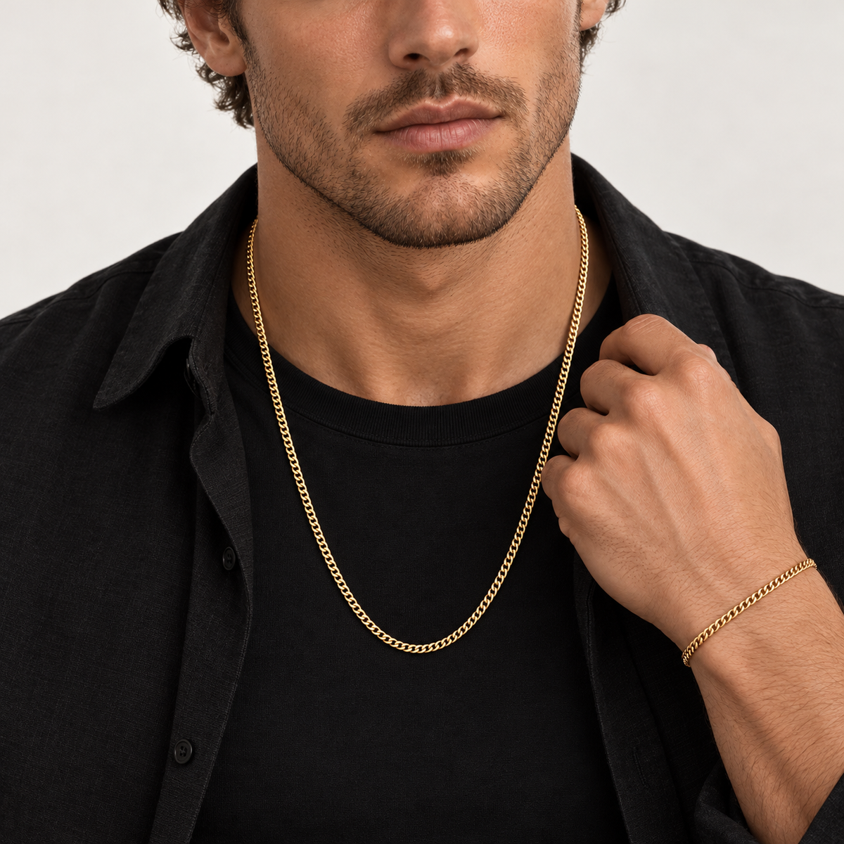 Combo cadena + pulsera Miami Cuban Gold 3mm – Acero 316L dorado en modelo masculino