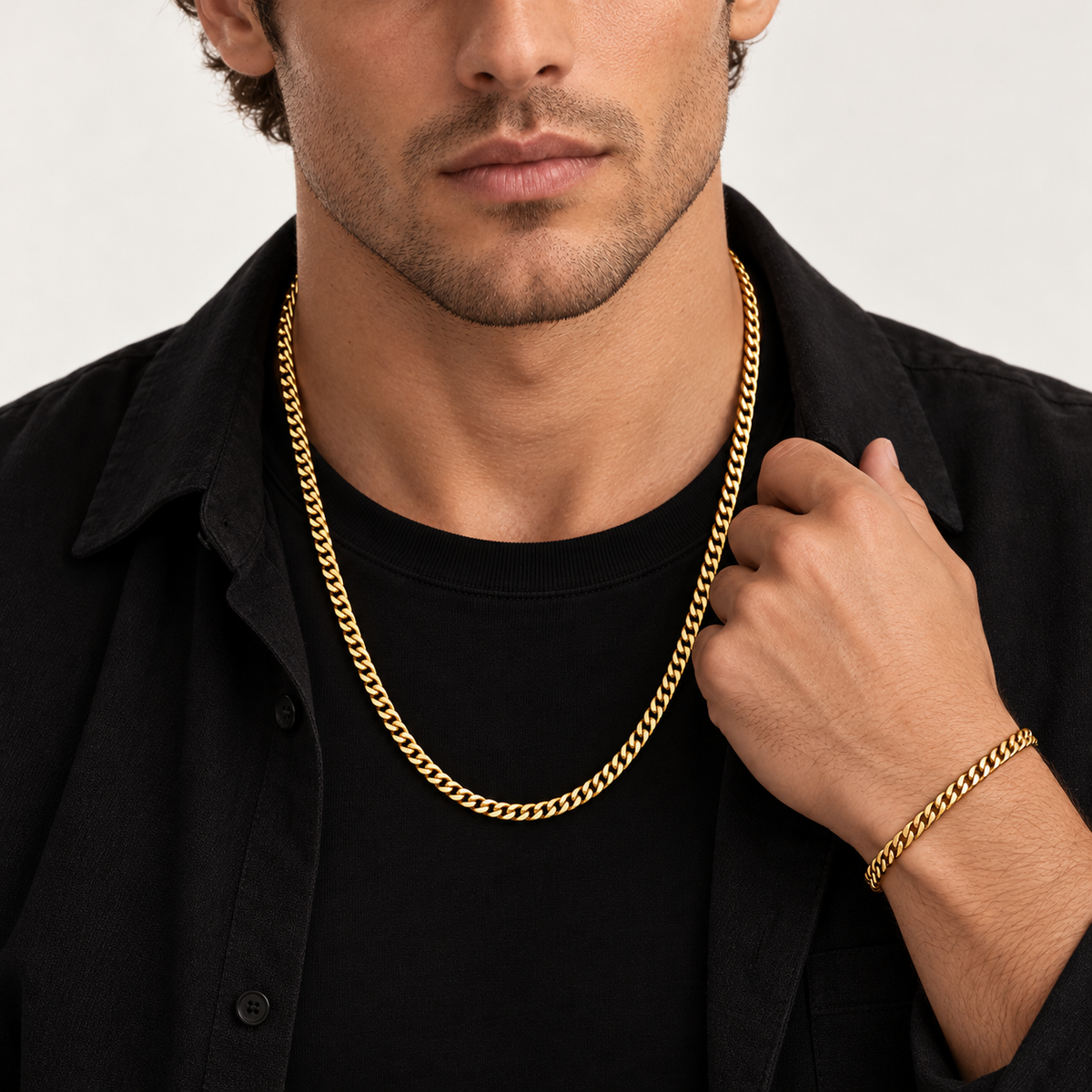 Combo cadena + pulsera Miami Cuban Gold 5mm – Acero 316L dorado en modelo masculino