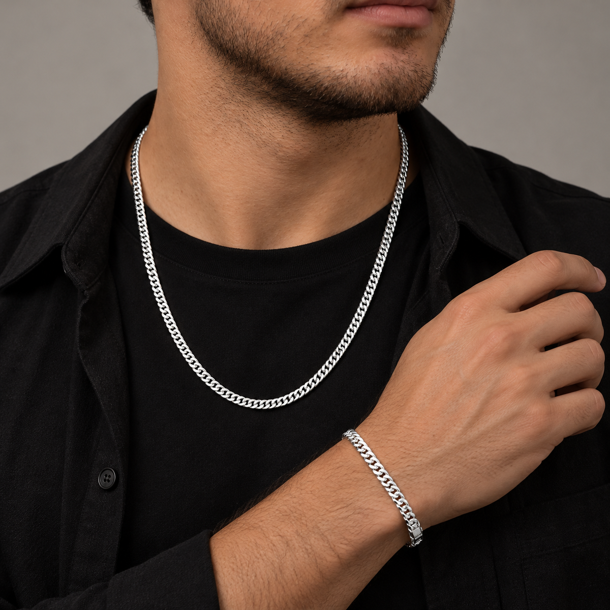 Combo cadena + pulsera Miami Twice 5mm – Plata 950 plateado en modelo masculino