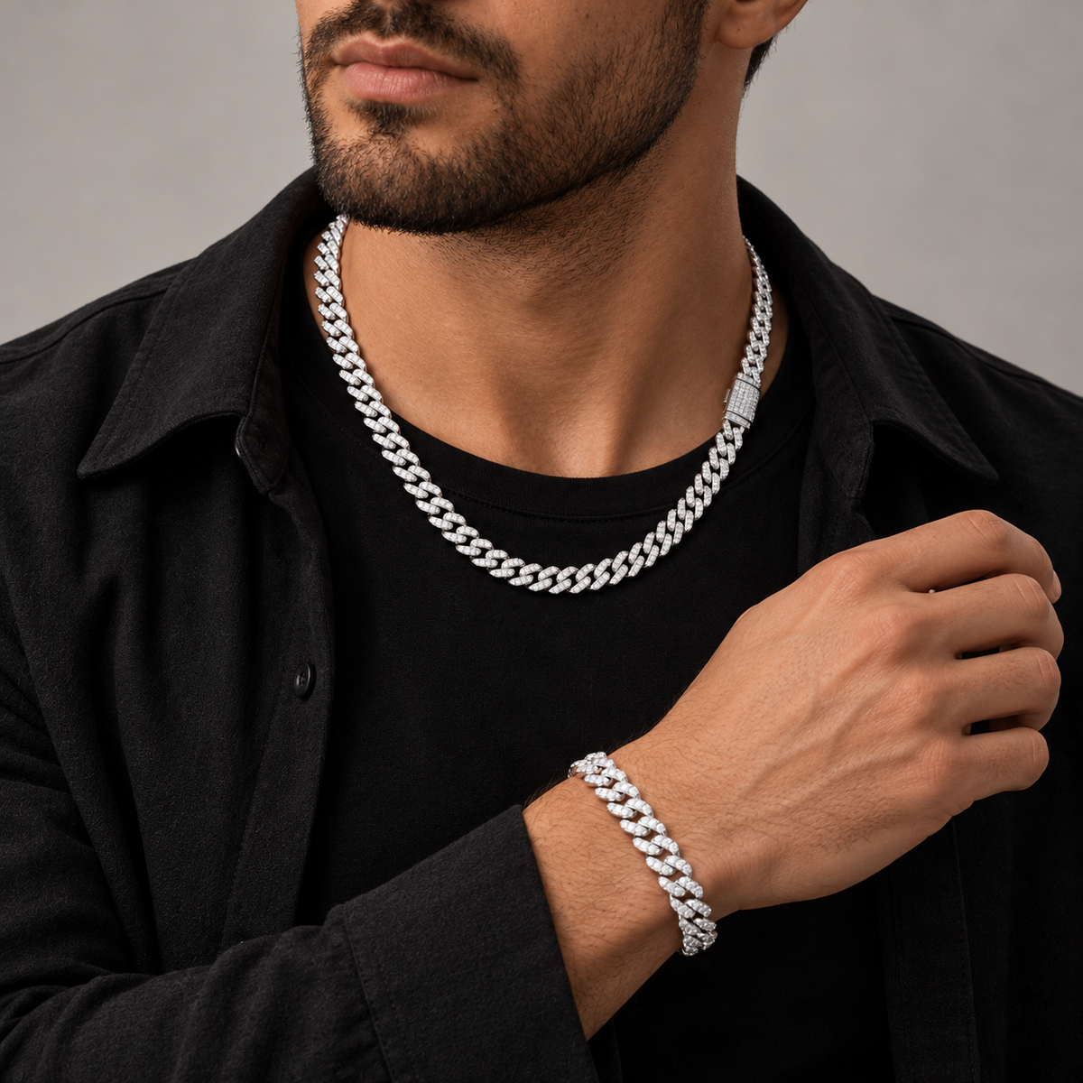 Combo cadena + pulsera Prong 6mm – Plata 925 con Moissanita plateado en modelo masculino