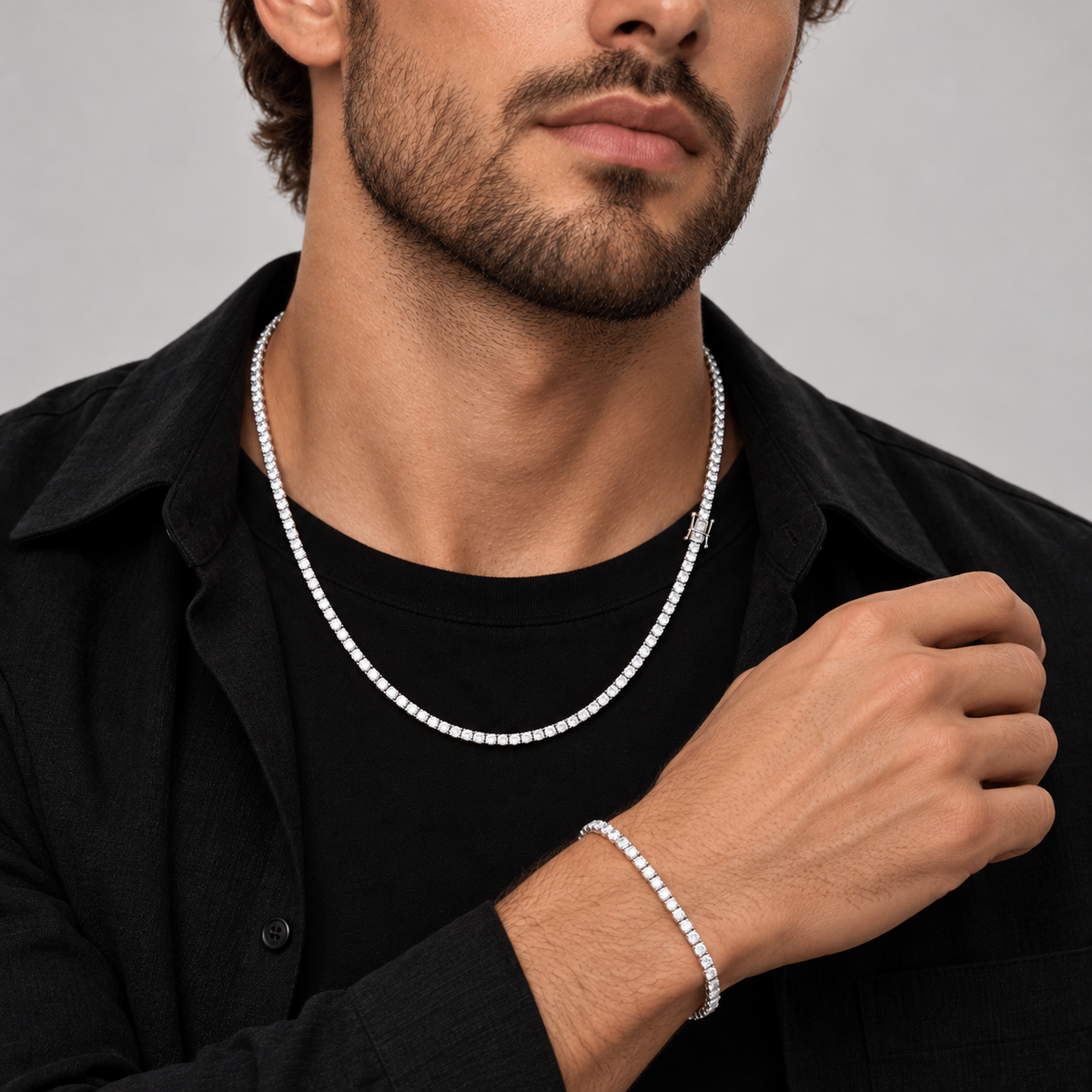 Combo cadena + pulsera Tennis 3mm – Plata 925 con Moissanita plateado en modelo masculino
