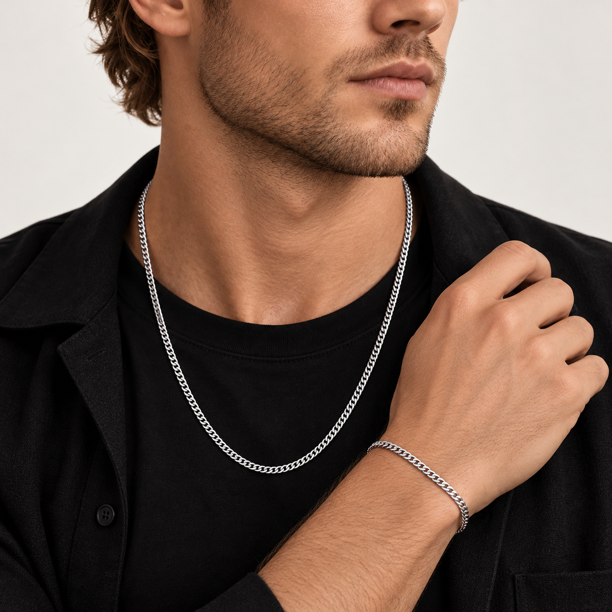Combo Miami Cuban 3 mm plateado de acero 316L: cadena de 60 cm y pulsera de 19 cm en modelo masculino
