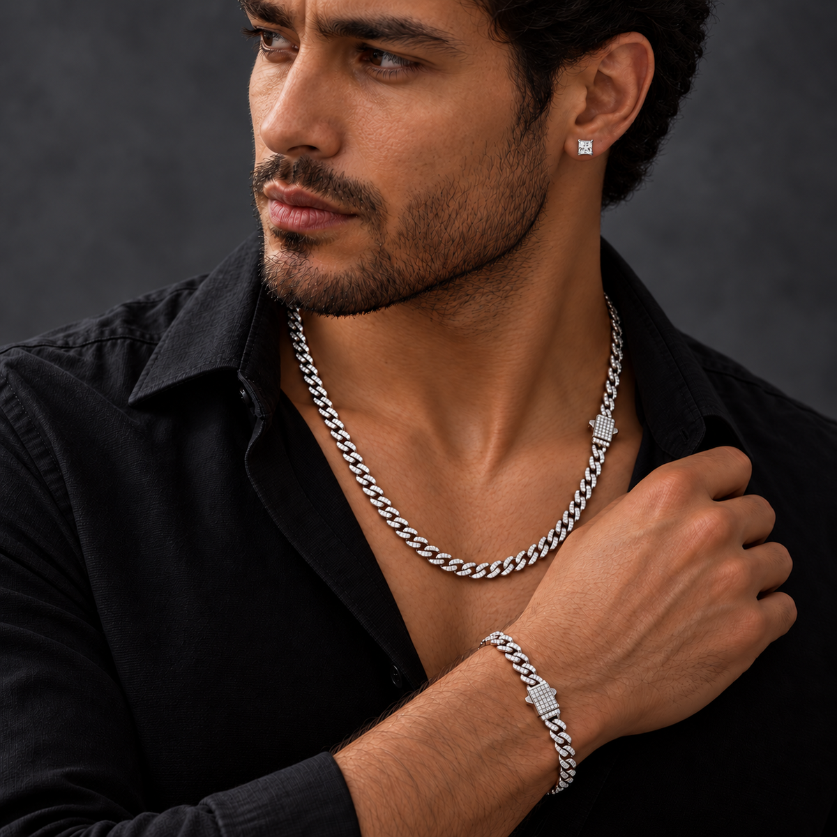 Set Lion Luxury plateado de cadena y pulsera cubanas con aretes Draco de piedra blanca