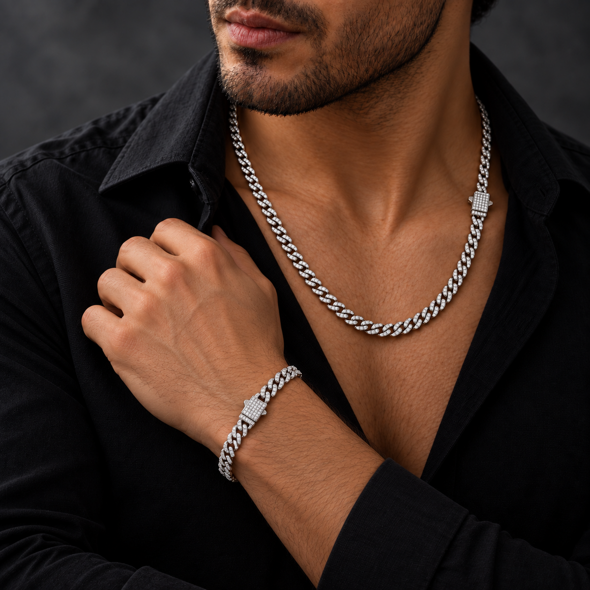 Set Lion Luxury plateado de cadena y pulsera cubanas