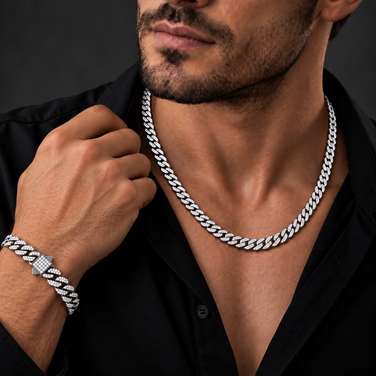 Set Lion Luxury plateado de cadena y pulsera cubanas