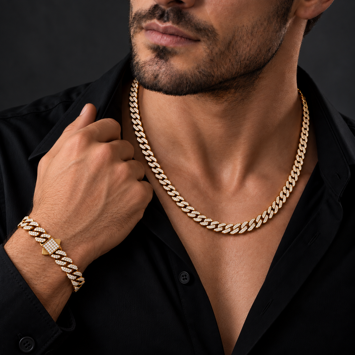 Set Lion Luxury dorado de cadena y pulsera cubanas