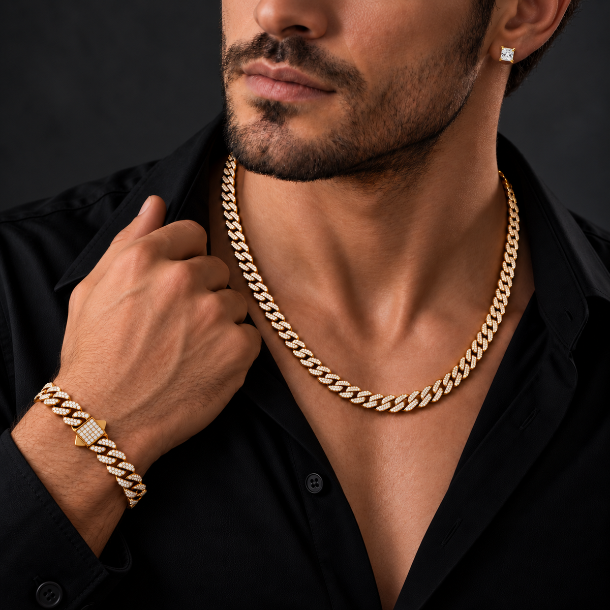 Set Lion Luxury dorado de cadena y pulsera cubanas con aretes Draco de piedra blanca
