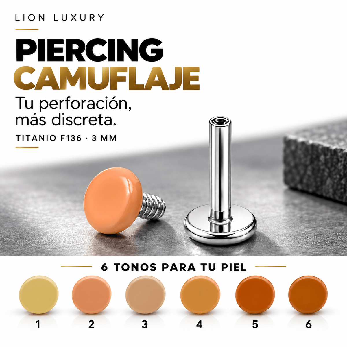Piercing Skin Tone 3 mm: comparativa de seis tonos para la piel y detalle del disco con rosca.