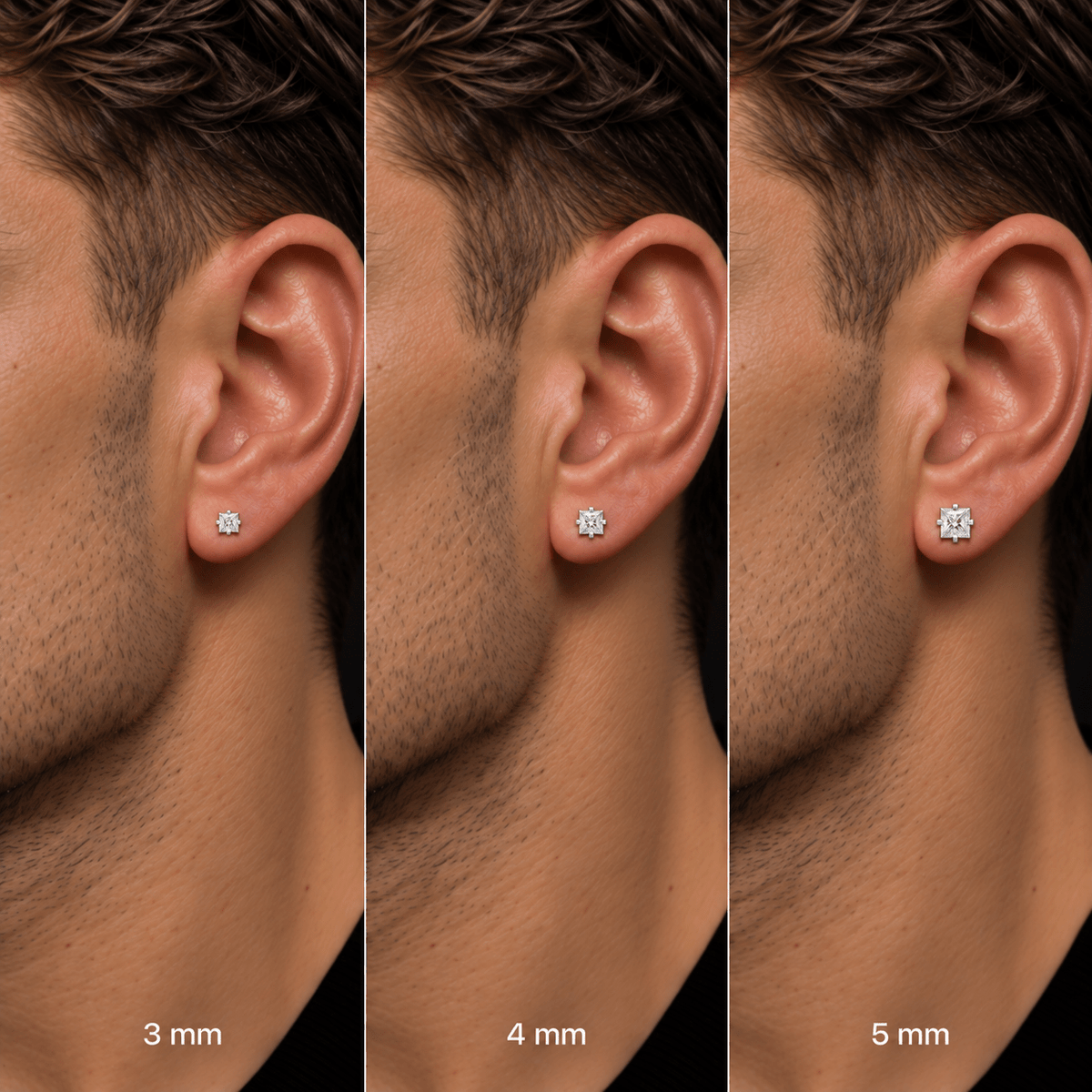 Comparativa de Piercing Sparta en tamaños 3, 4 y 5 mm, colocados en la oreja de un modelo.