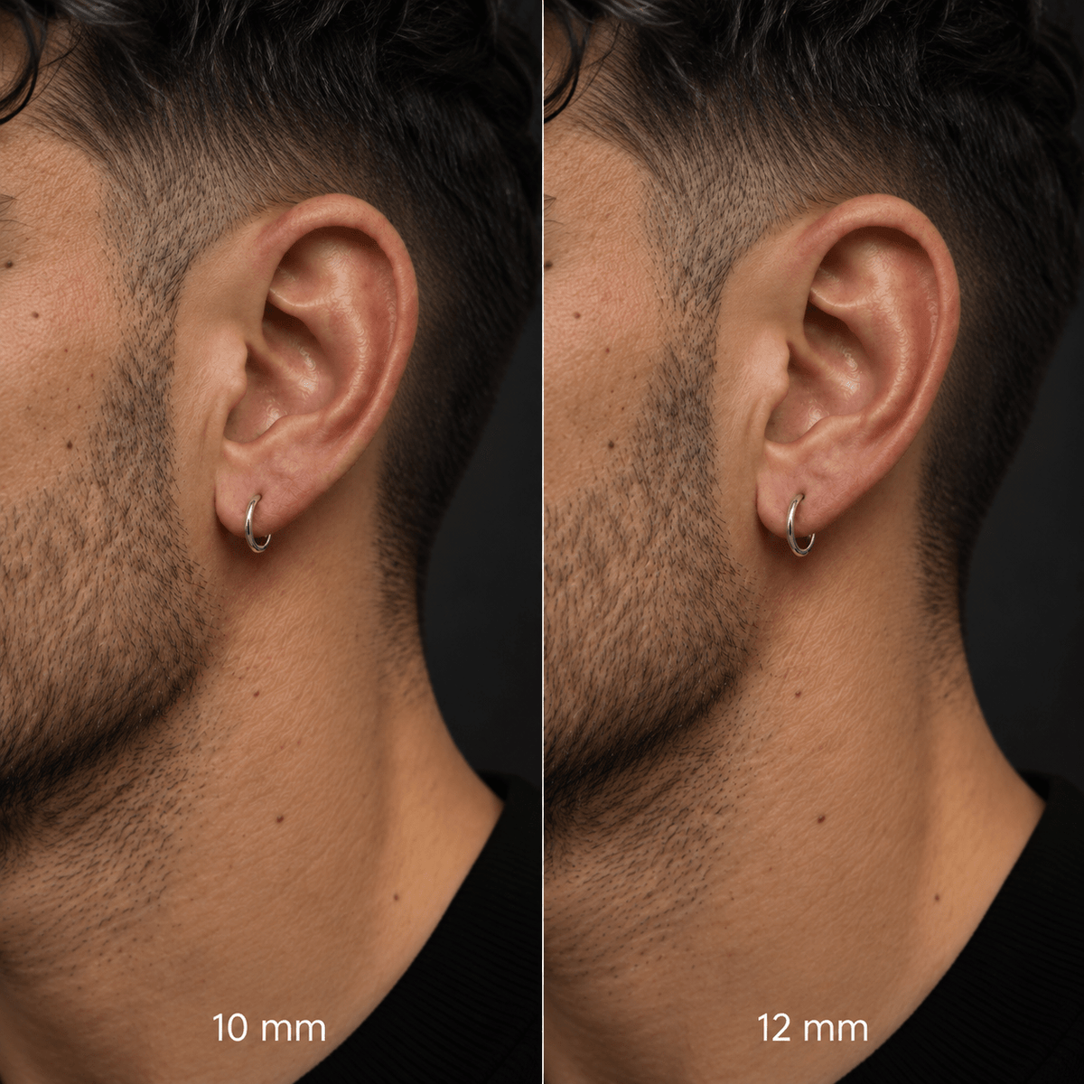 Comparativa de tamaños del piercing Alpha 10 mm/12 mm de titanio de grado implante.