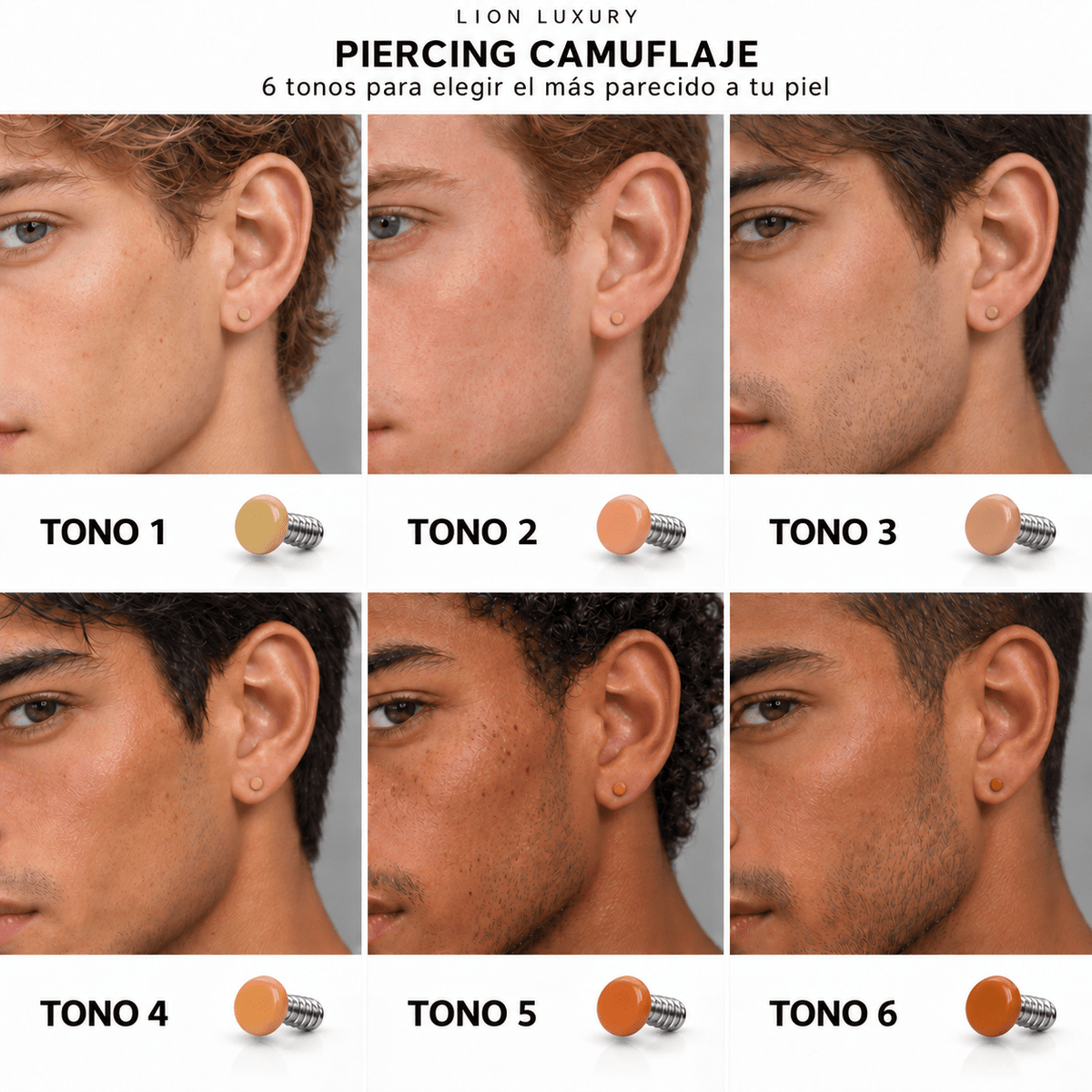 Piercing Skin Tone 3 mm: comparativa de seis tonos colocados en orejas de modelos.