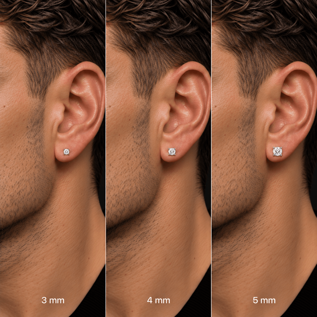 Comparativa de Piercing Halo en tamaños 3, 4 y 5 mm, colocados en la oreja de un modelo.