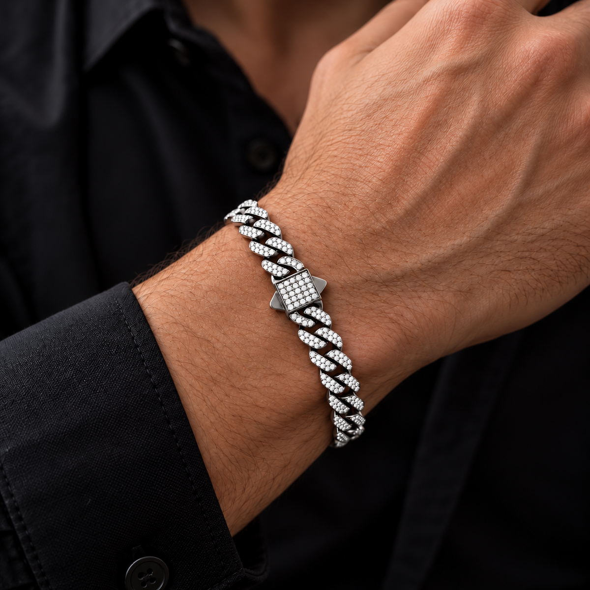 Pulsera cubana Iced Silver de 8 mm en acero 316L PVD con circonias 5A para hombre