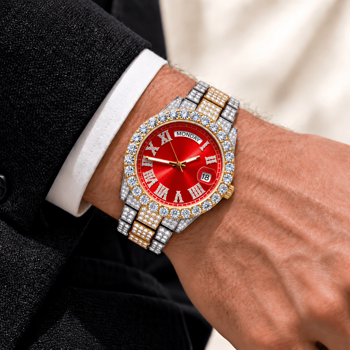 Reloj Imperial VIP Red de acero 316L con circonia 5A, en muñeca de modelo.
